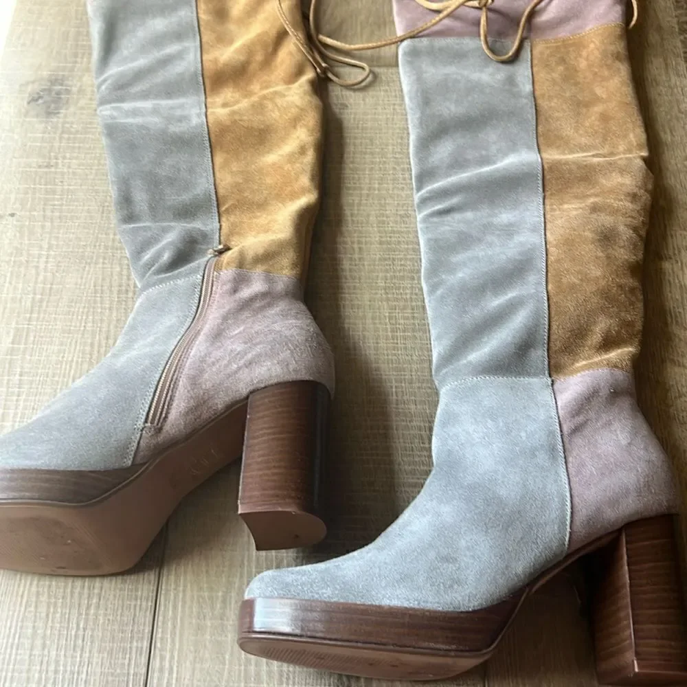 Free People Echo Platform Over-The-Knee Boots Soft Pieced Leather Patches US 7.5